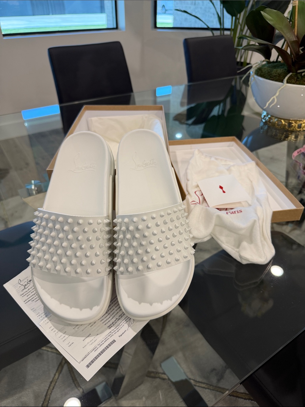 Christian Louboutin White Spiked Slide Sandals